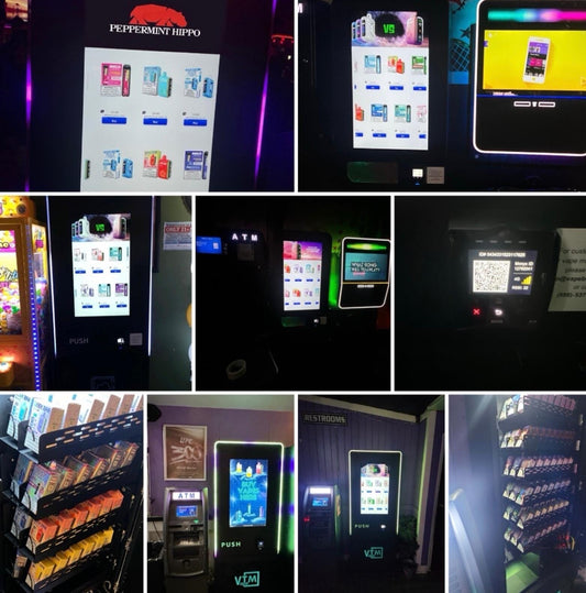 "Collage of VapeTM and ZYN vending machines installed at customer locations, showcasing diverse placements in bars, retail stores, and event venues.
