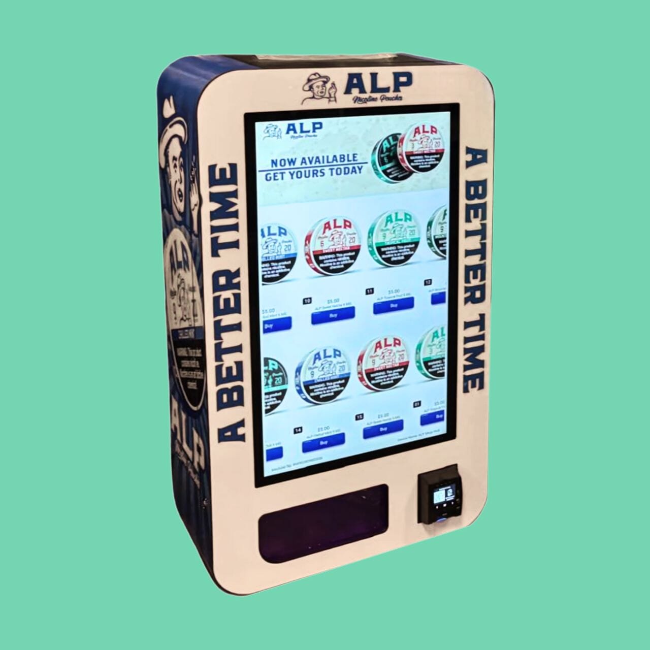 ALP nicotine pouch vending machine with touchscreen interface and branded casing reading "A Better Time" – age-restricted self-service retail solution