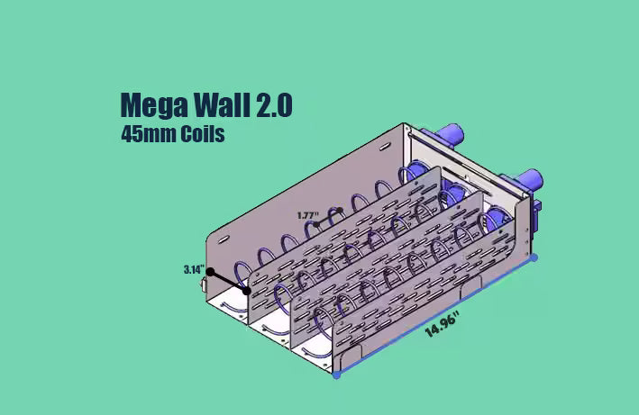 Mega Wall 2.0 vending machine tray with 45mm coils showing spiral spacing and tray dimensions for product compatibility and efficient vending setup.