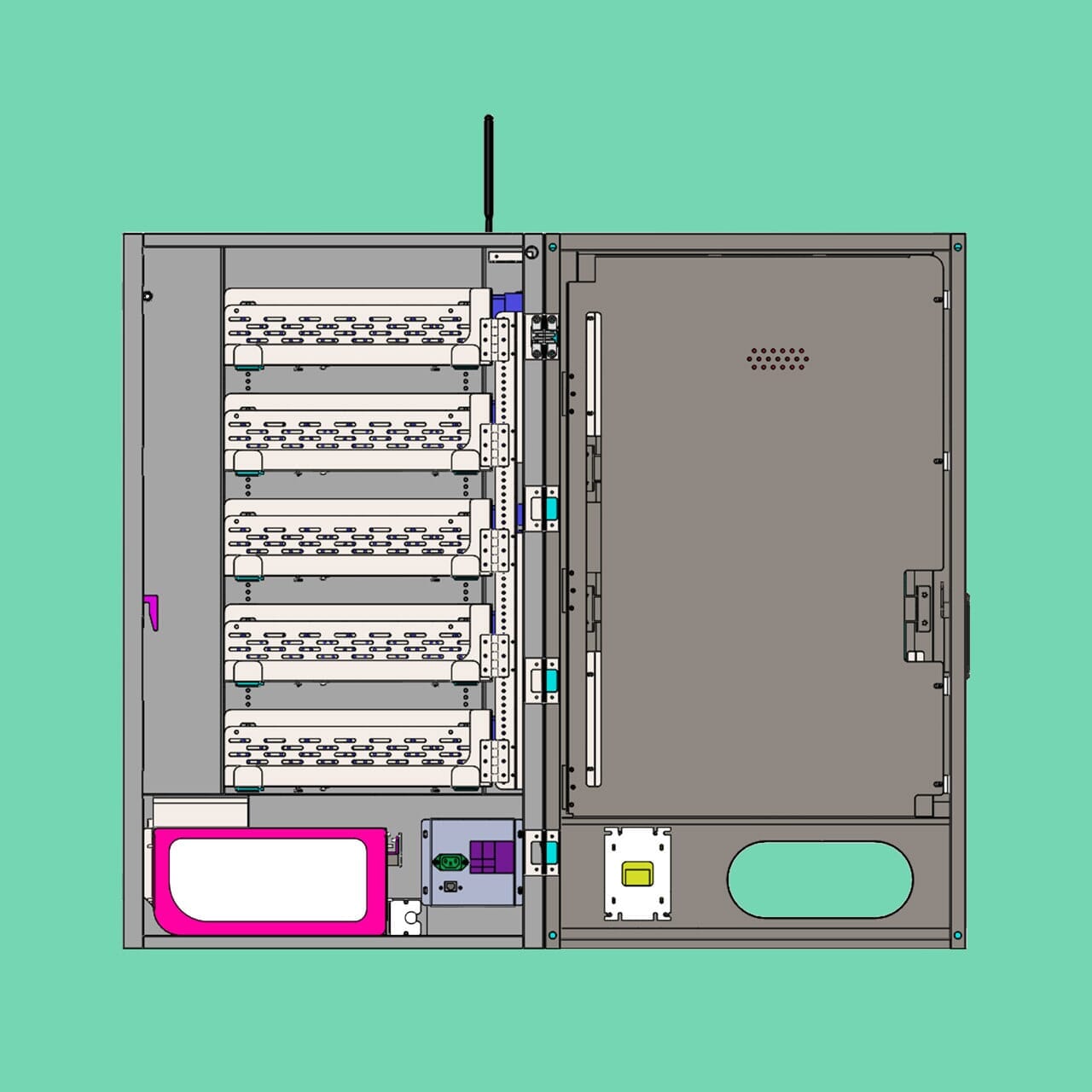 X-ray view of mega wall 2.0 wall-mounted vending machine showing internal coils and components.