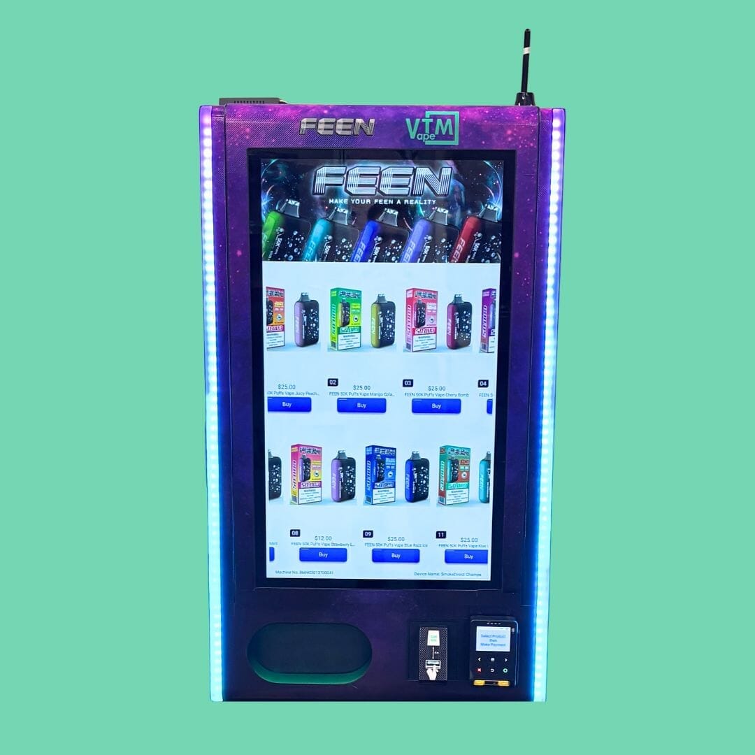 Mega Wall 2 smart vape vending machine with FEEN branding, large touchscreen menu, LED side lighting, and integrated card reader.