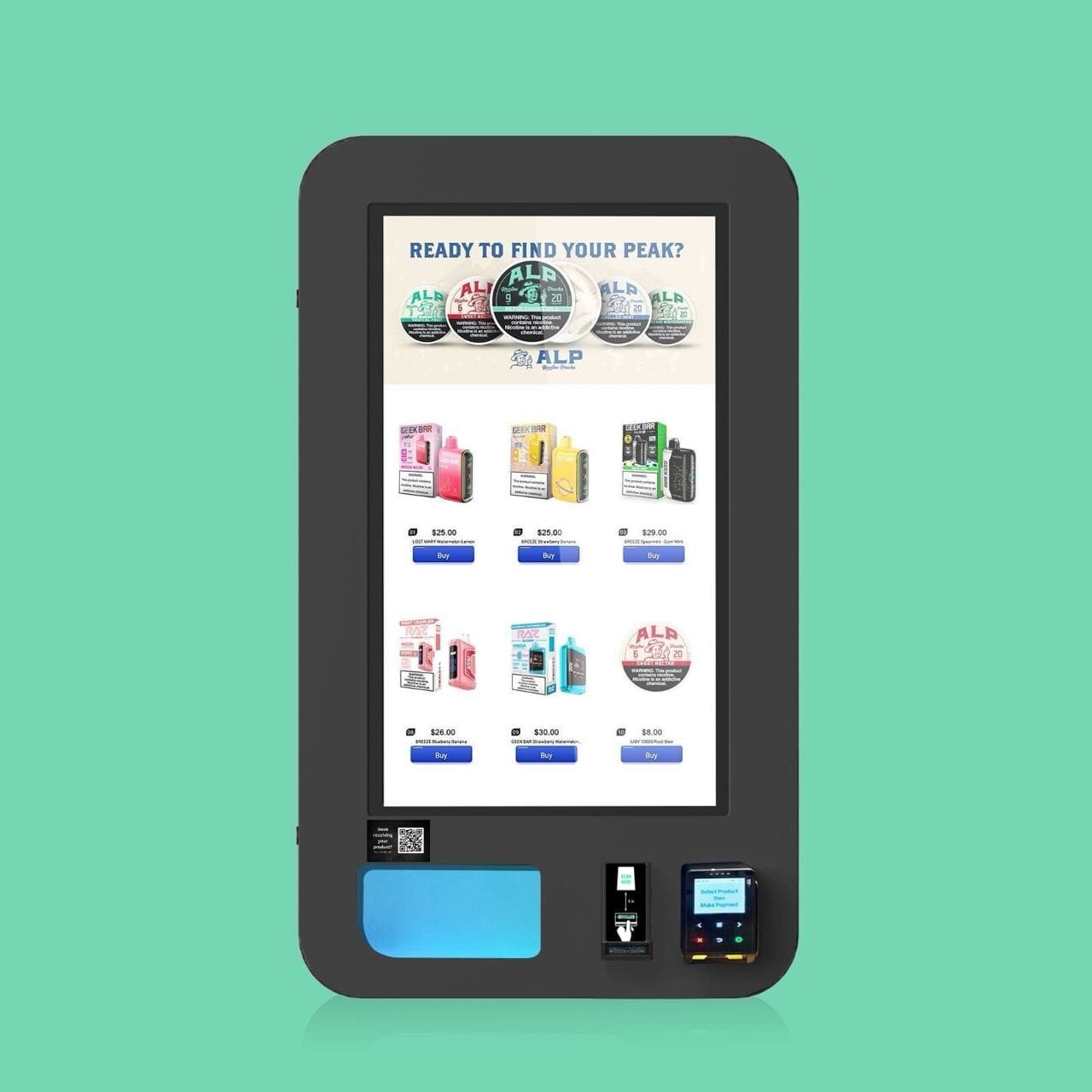 Wall-mounted VapeTM digital touchscreen vending machine for vape and nicotine pouch products, featuring sleek compact design and automated age verification.