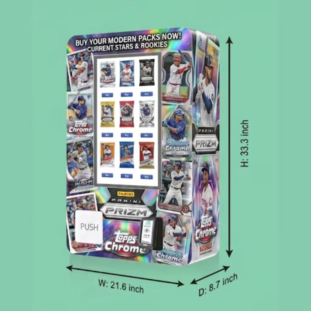 The Mini TCG compact vending kiosk for trading cards, featuring a touchscreen product menu and integrated card reader.
