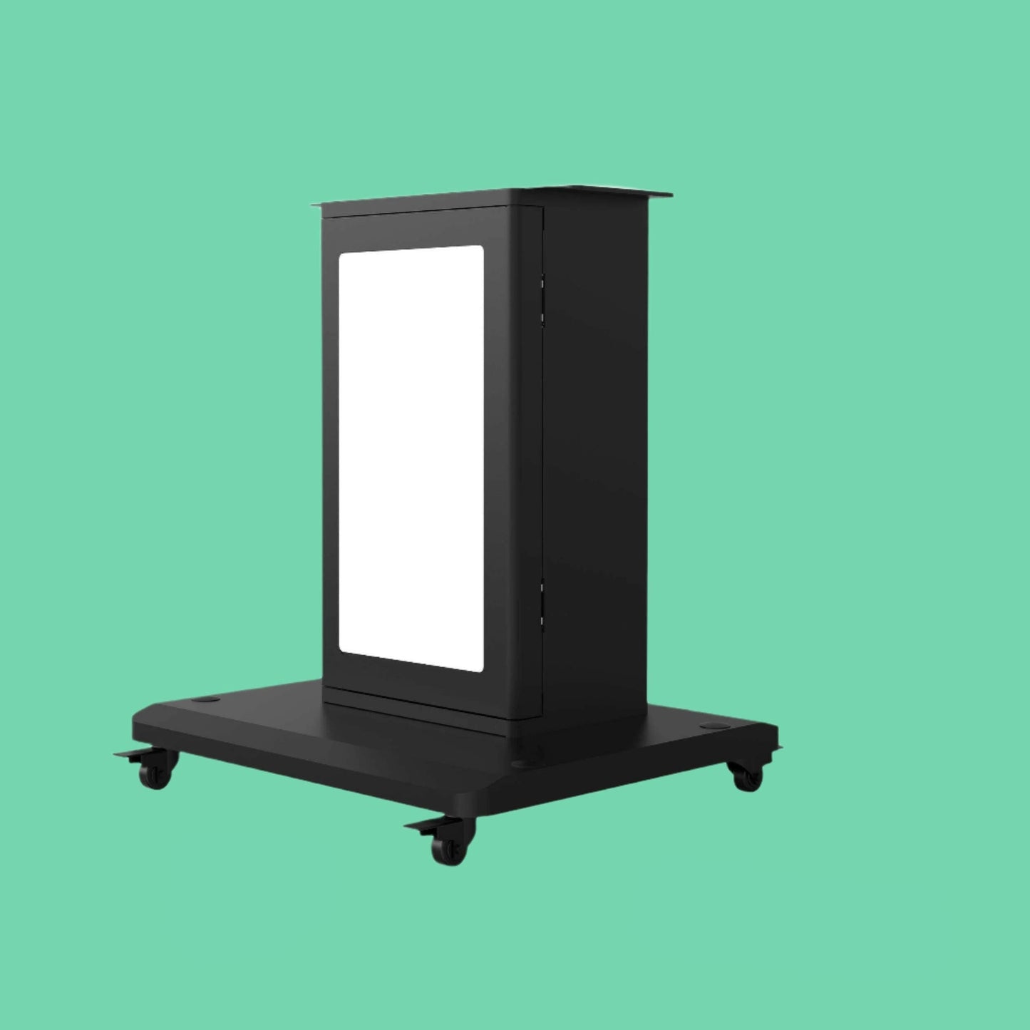 Mobile pedestal stand for VapeTM vending machines featuring a sturdy wheeled base and sleek black design, ideal for flexible vending placements