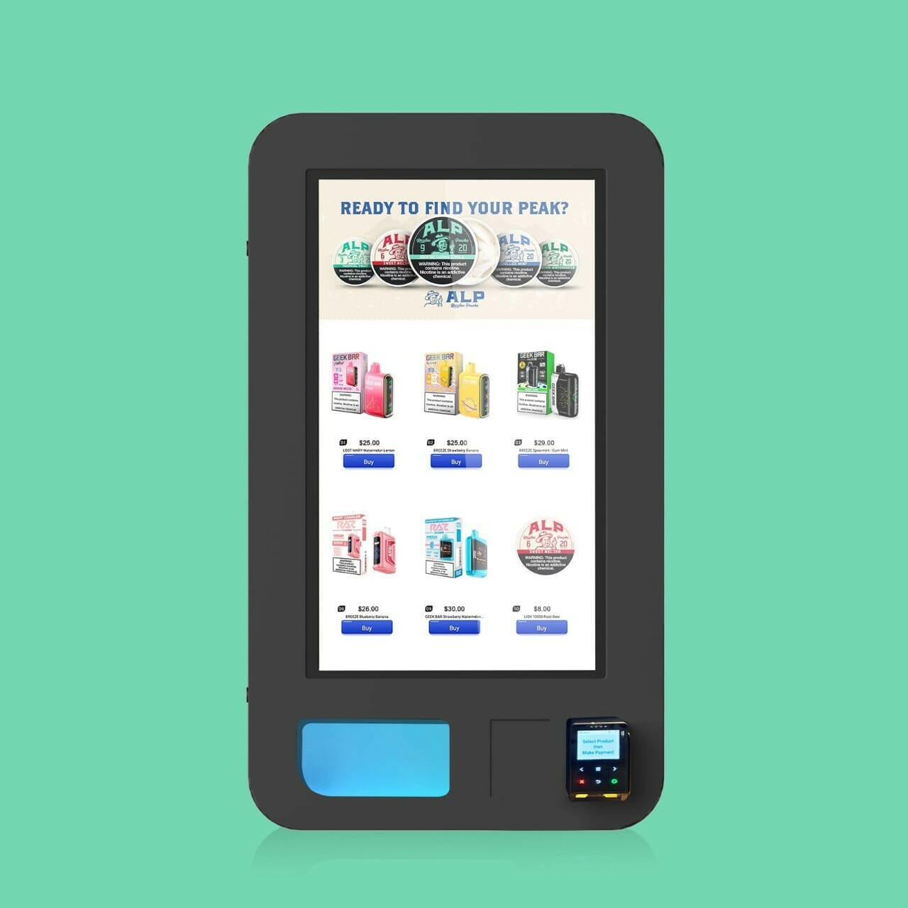 VapeTM Slim Wall vending unit with Kiosoft card reader and module cover plate for secure, cashless payment processing.
