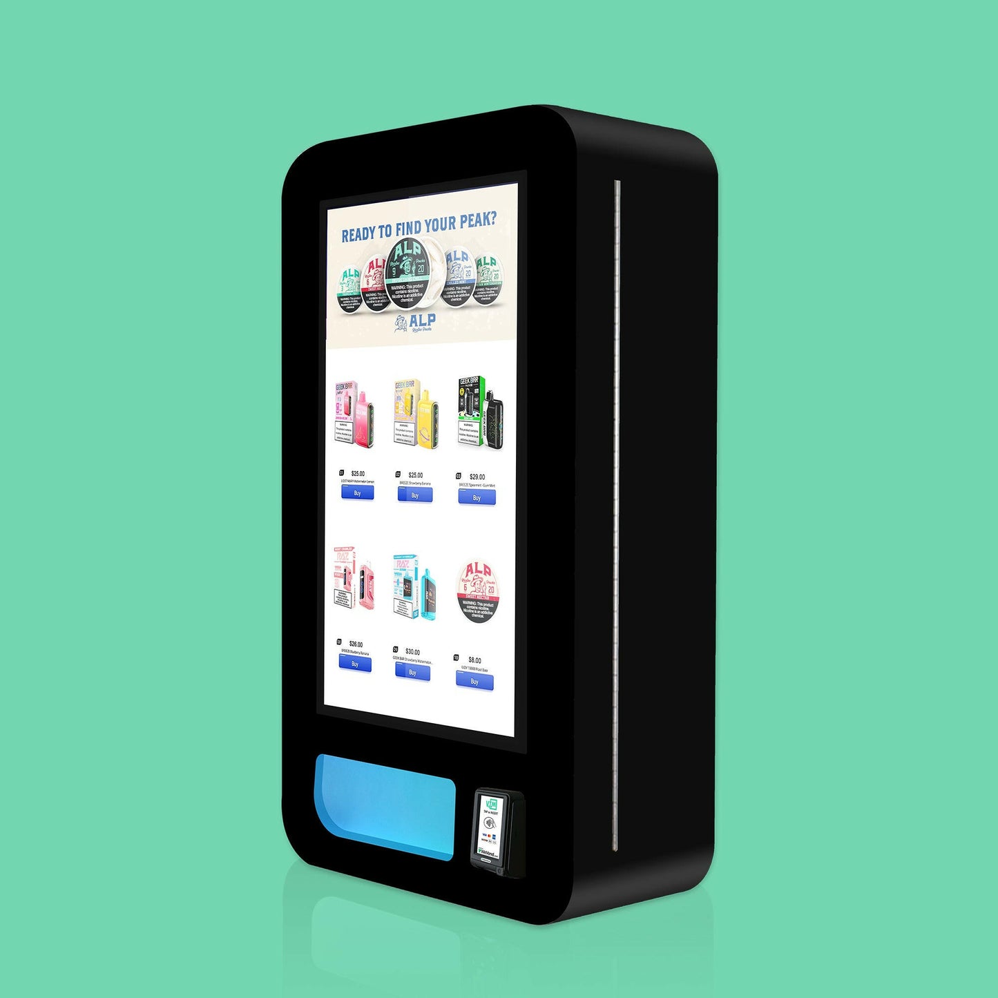 Compact wall-mounted VapeTM touchscreen vending machine showcasing nicotine pouch and vape product menu with ID verification.