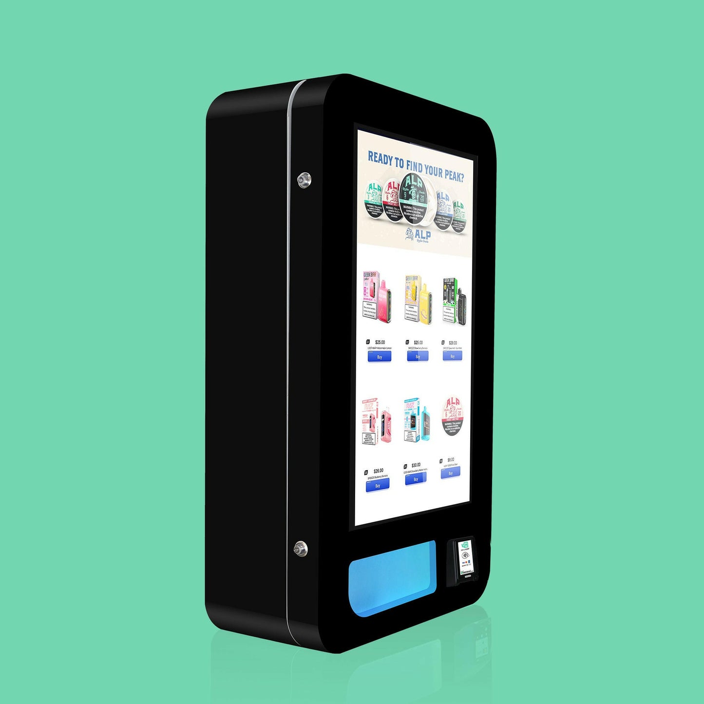VapeTM Slim Wall-Mounted Vape Vending Machine with 10 aisles and 100-unit capacity, featuring a 32-inch touchscreen and Nayax payment reader.