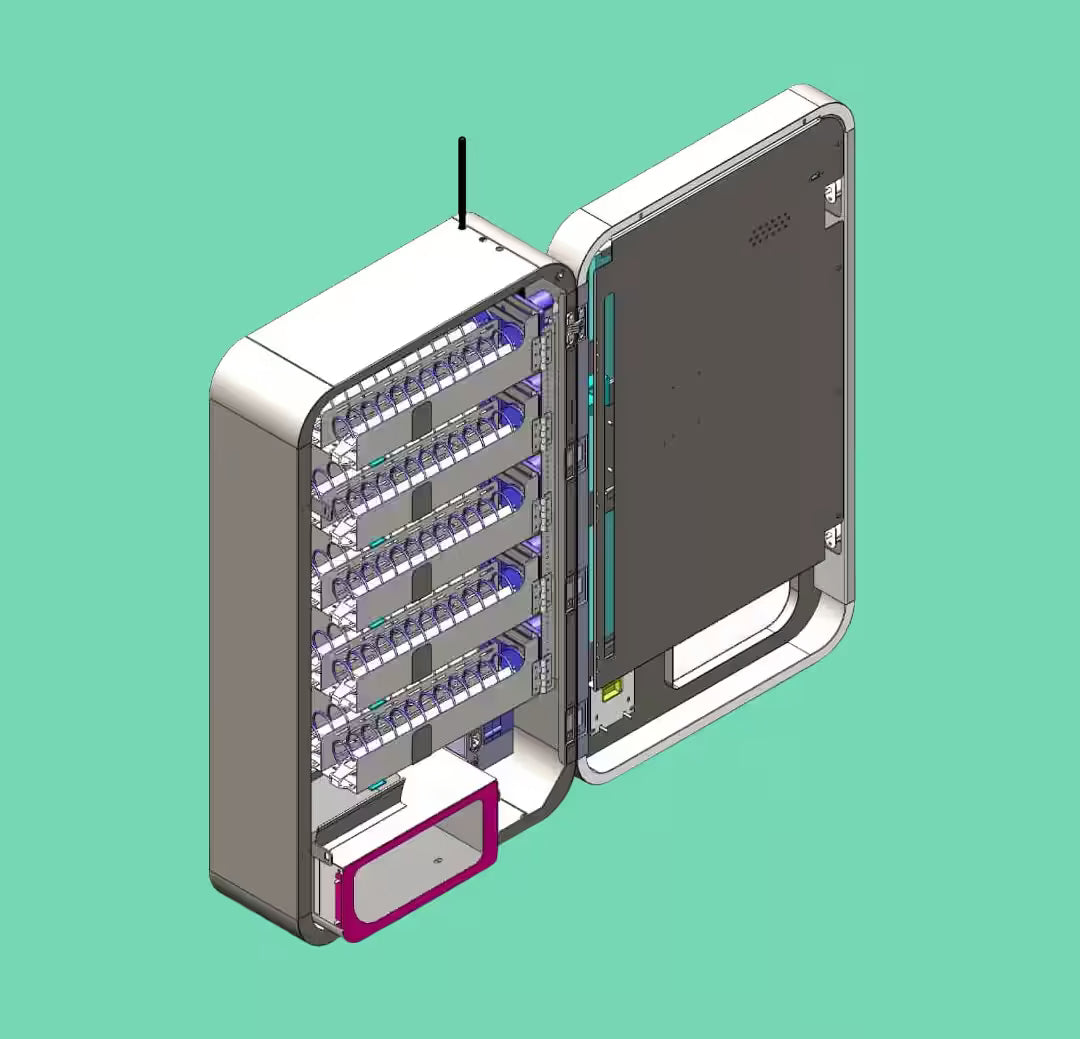 Open interior view of the VapeTM Slim Wall TCG baseball card vending machine showing internal dispensing channels
