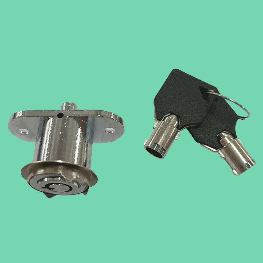 VapeTM vending machine lock and two black-handled tubular keys shown on green background, used for secure access and maintenance