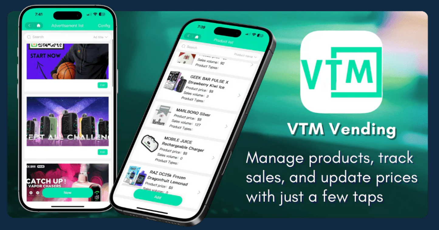 VapeTM VTM Vending mobile app interface for real-time vape machine management and sales tracking