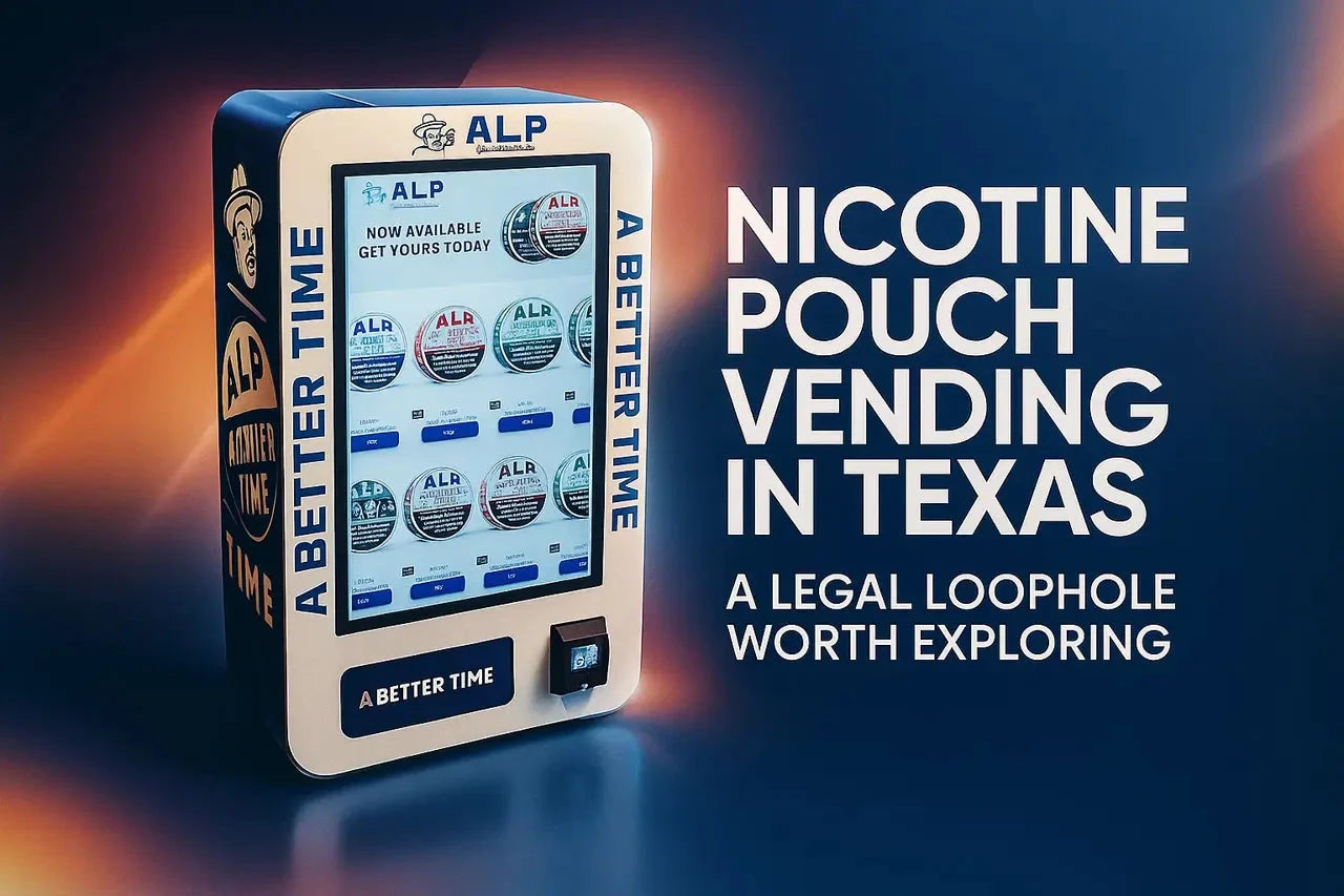 ALP nicotine pouch vending machine with digital display showcasing multiple flavors, promoting legal vending opportunities in Texas.