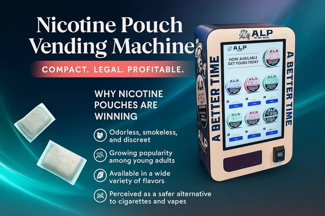 Digital nicotine pouch vending machine with ALP branding, showcasing product flavors and benefits like odorless use, discreet design, and rising popularity among young adults.