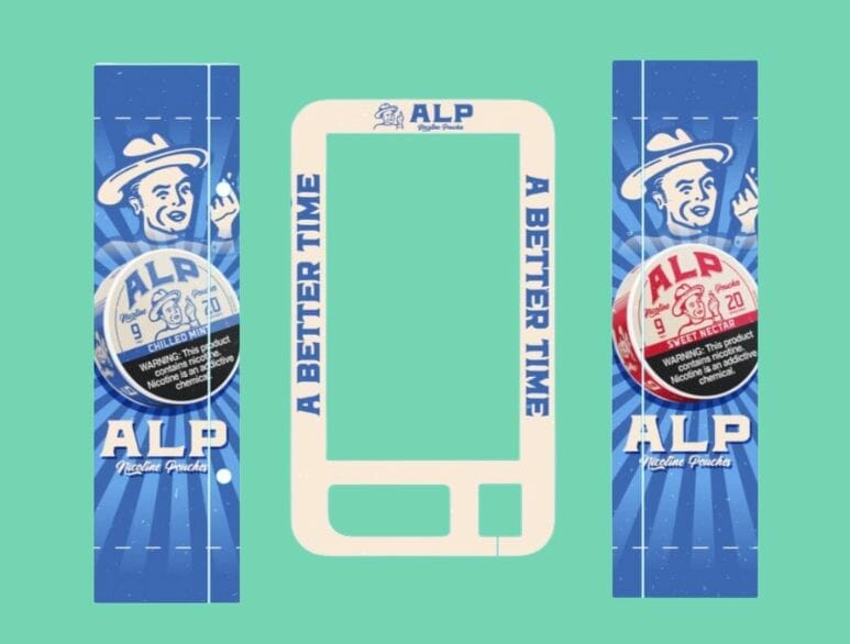 ALP nicotine pouch vending machine wrap design featuring chilled mint and sweet nectar flavors with vintage blue theme