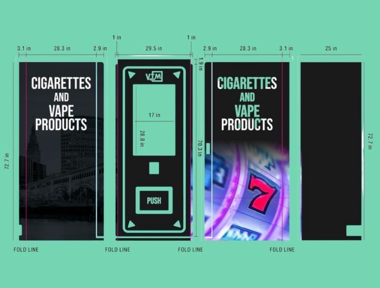 VapeTM vending machine wrap design for cigarettes and vape products with slot machine graphics and product dimensions