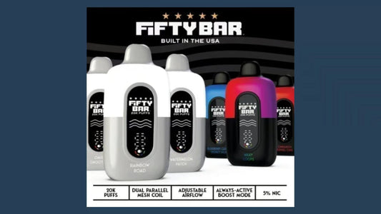 Fifty Bar 20K disposable vape lineup with multiple flavors, USA-made devices with dual mesh coil and adjustable airflow