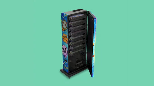 Pokemon Slim Tower 2.0 trading card vending machine interior showing vertical shelving layout 