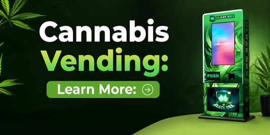 Blaze Box automated cannabis vending machine with green leaf branding and touch screen interface.