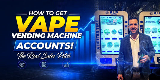 Banner showing vape vending machines, sales growth graphics, and a businessman promoting how to get vape vending machine accounts.