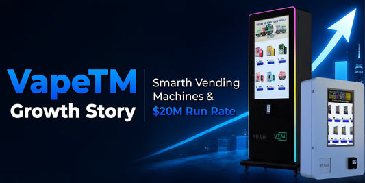 VapeTM growth story graphic featuring smart vending machines with digital product displays and a $20M revenue run rate milestone