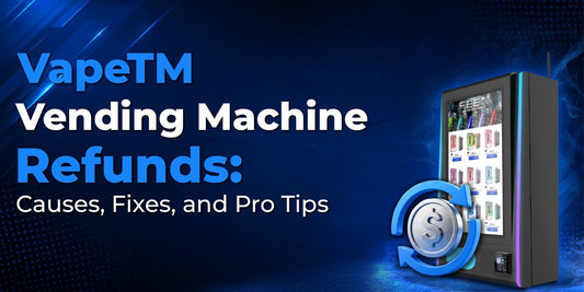 Vending machine with text about VapeTM vending machine refunds on a blue background