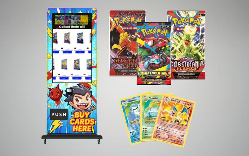 TCG Vending Machine with Pokémon Paradox Rift, Journey Together, and Surging Sparks Booster Packs — VTM Vending smart vending machine collection