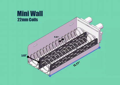 Technical specs for mini wall-mounted vending machine with 22mm spiral coils including key dimensions for product fit and capacity.