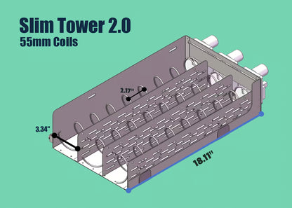Diagram showing 55mm vending machine coils in a Slim Tower 2.0 tray with spiral coil spacing and labeled tray dimensions for organized product dispensing.