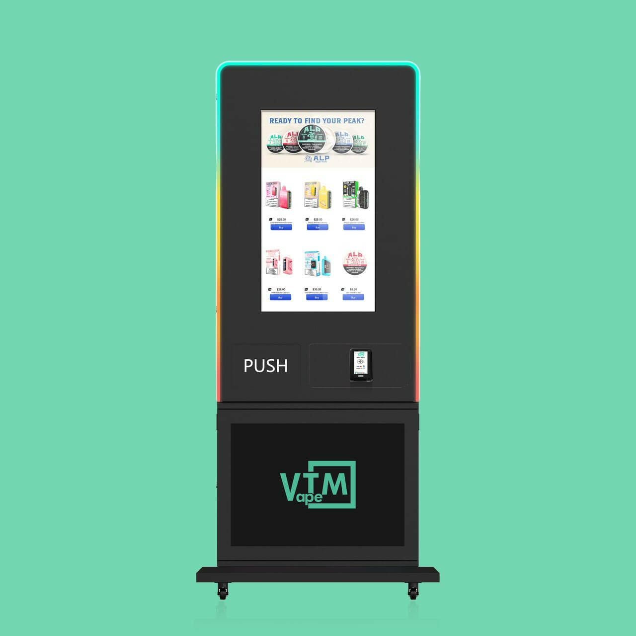 Slim Tower stand-up vending kiosk for Zyn and e-cigarettes with 18 aisles, customizable LED lights, and advanced VTM smart software.