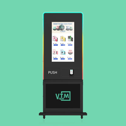 Slim Tower stand-up vending kiosk for Zyn and e-cigarettes with 18 aisles, customizable LED lights, and advanced VTM smart software.