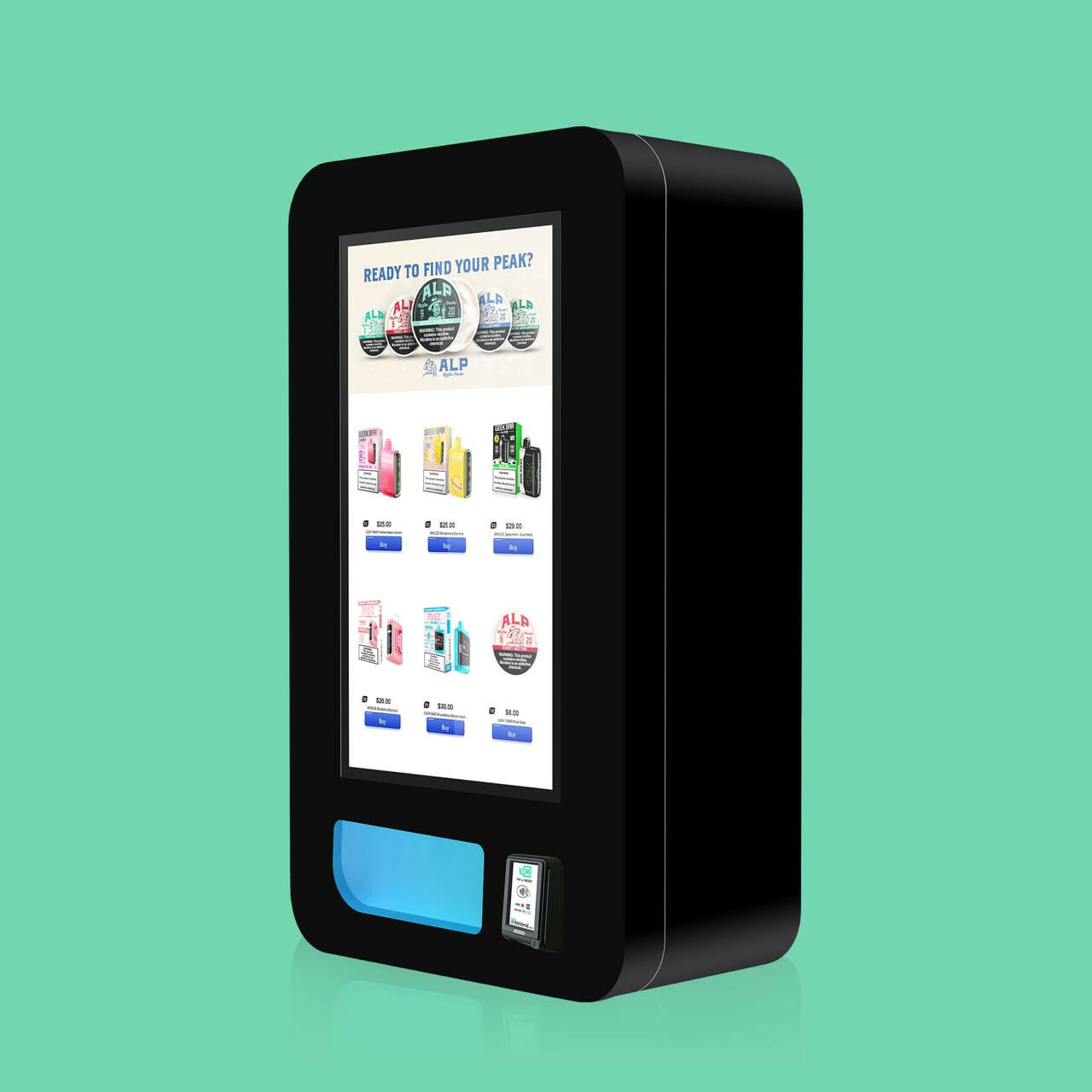 High-capacity Mega Wall vape and nicotine pouch vending machine for ZYN, featuring an optional stand, smart VTM software, and biometric age verification.