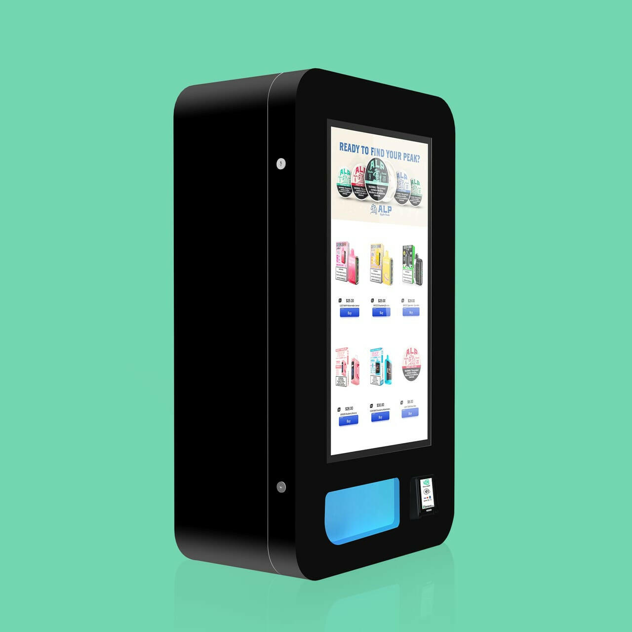 Smart vending Mega Wall e-cigarette machine with 15 aisles, advanced software, and secure age verification features.