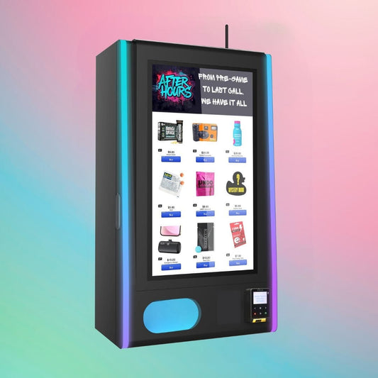 After Hours Mega Wall 2.0 — sleek high-capacity vape vending machine with glowing LED edges and touchscreen interface, angled right view.