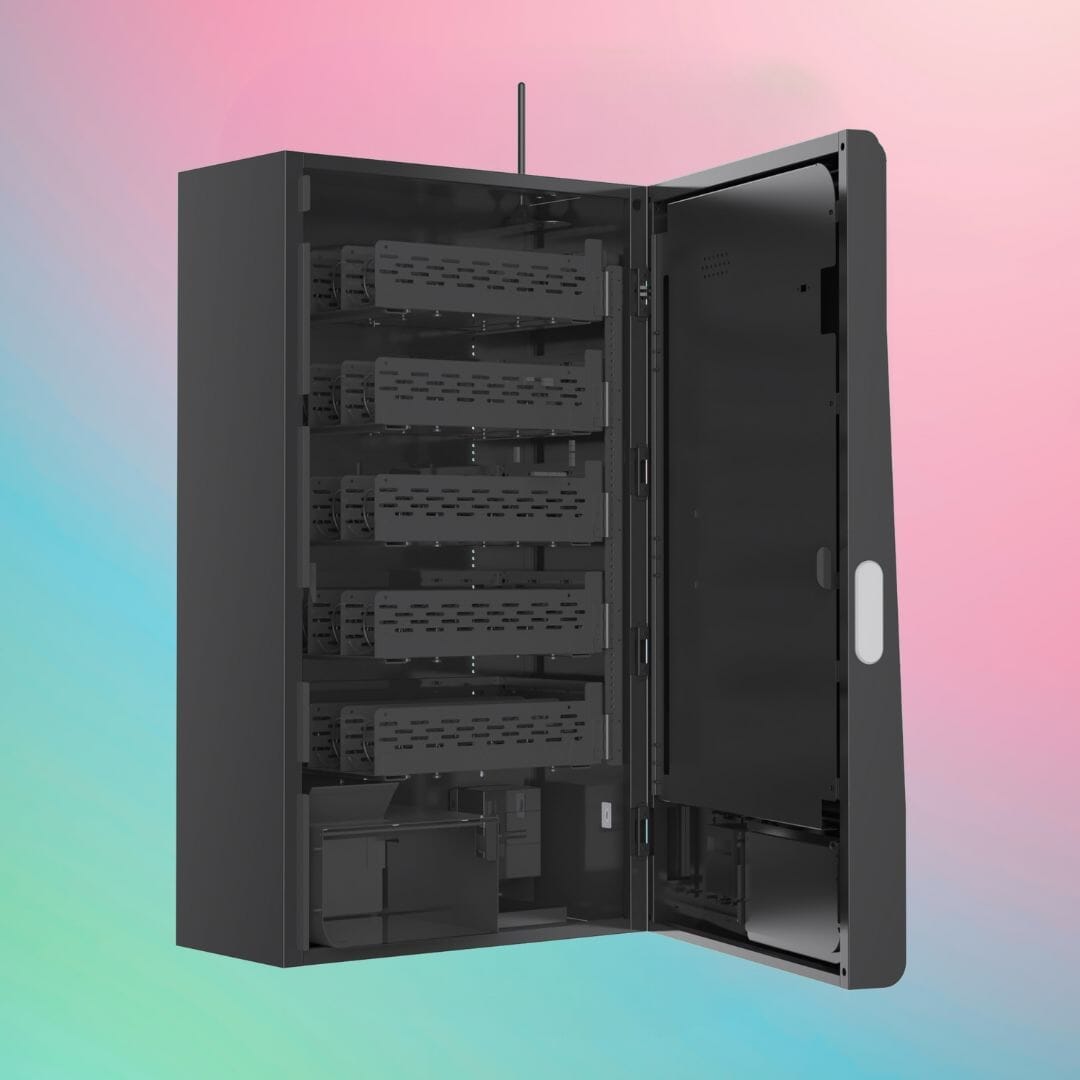 After Hours Mega Wall 2.0 — interior view of high-capacity vape vending machine showing adjustable product shelves, secure lock, and dispensing system.
