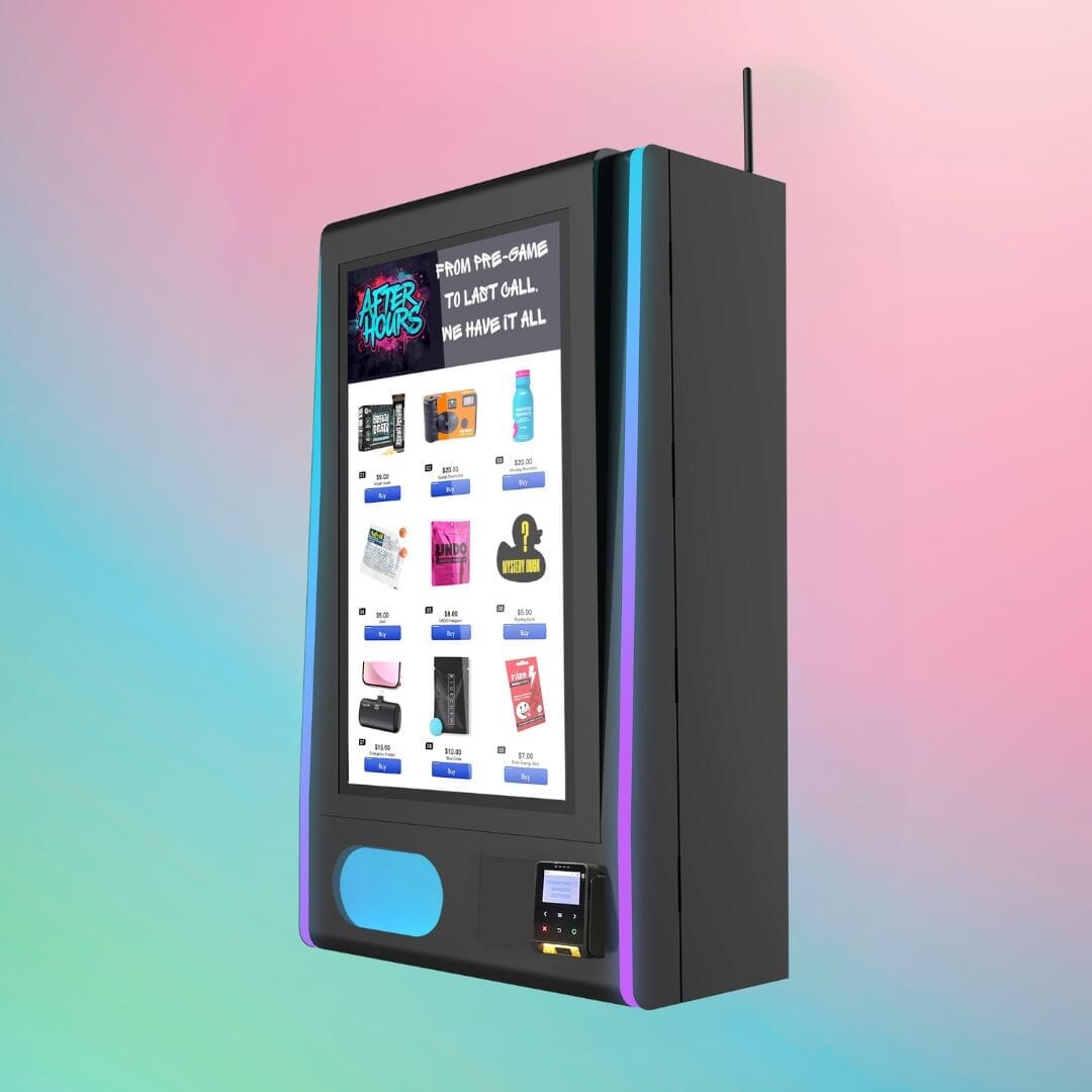 After Hours Mega Wall 2.0 — size specifications showing height 40.1 inches, width 23.6 inches, and depth 14 inches, with LED lights and touchscreen display.