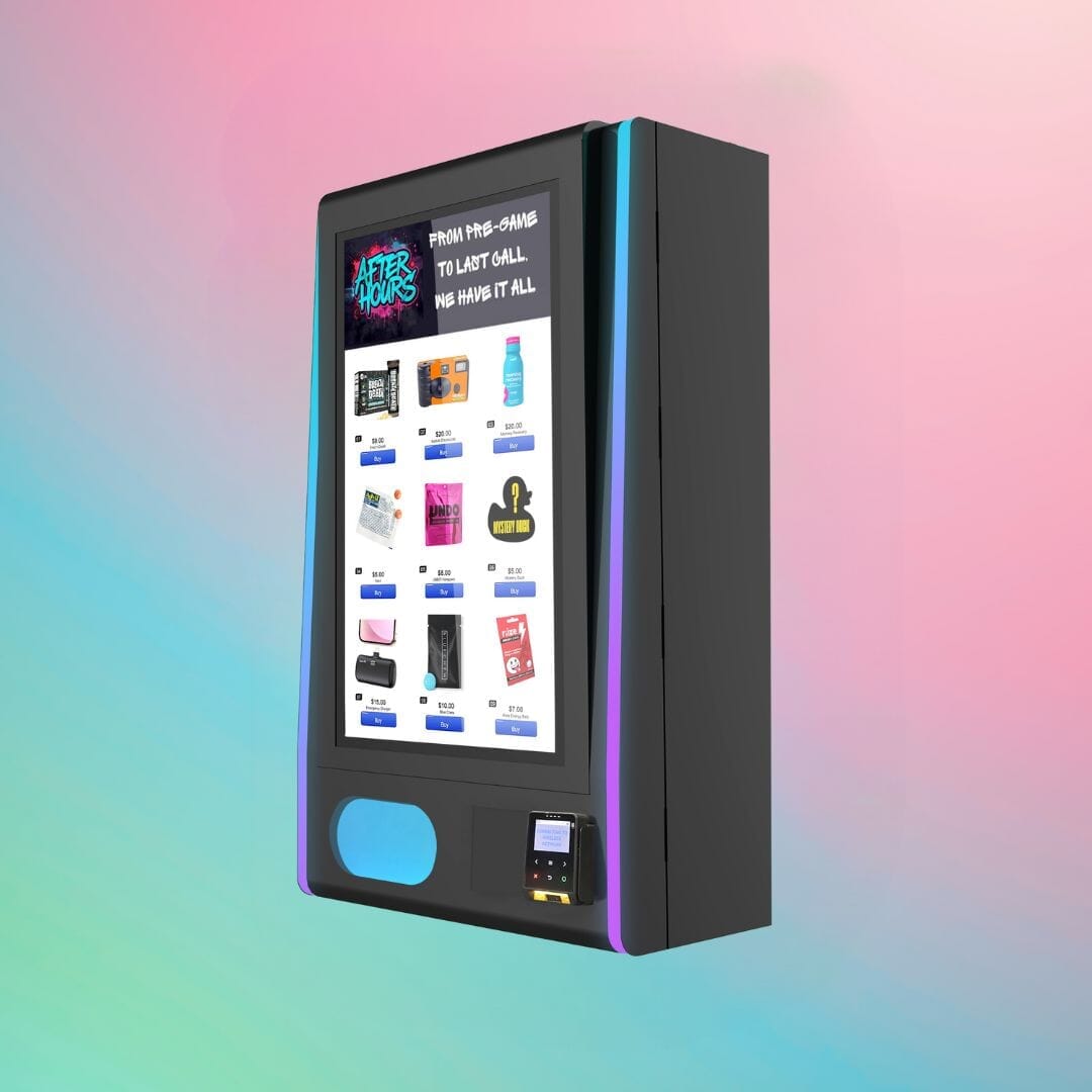 After Hours Mega Wall 2.0 — modern LED-lit vape vending machine with secure electronic lock and digital screen, angled left view.