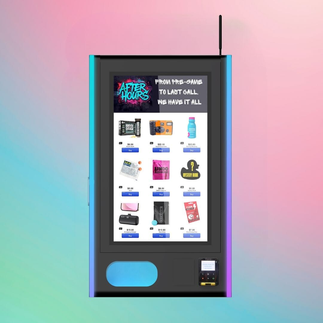 After Hours Mega Wall 2.0 — tall black vape vending machine with LED side lights, electronic lock, and large touchscreen menu, front view.