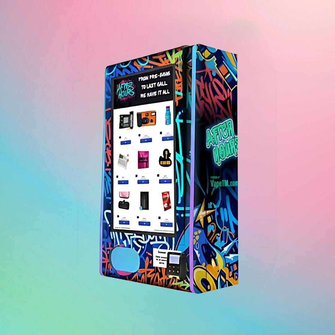Mega Wall 2.0 digital vape vending machine with graffiti design, LED lighting, and electronic lock by VapeTM.