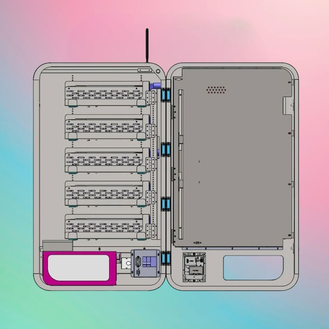 After Hours Mega Wall — full technical cutaway showing internal shelf structure, electronics, and secure dispensing system.