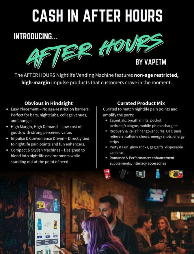 The After Hours Nightlife Vending Machine for non-age restricted products.  High-margin, High profit, impulse products that customers crave in the moment