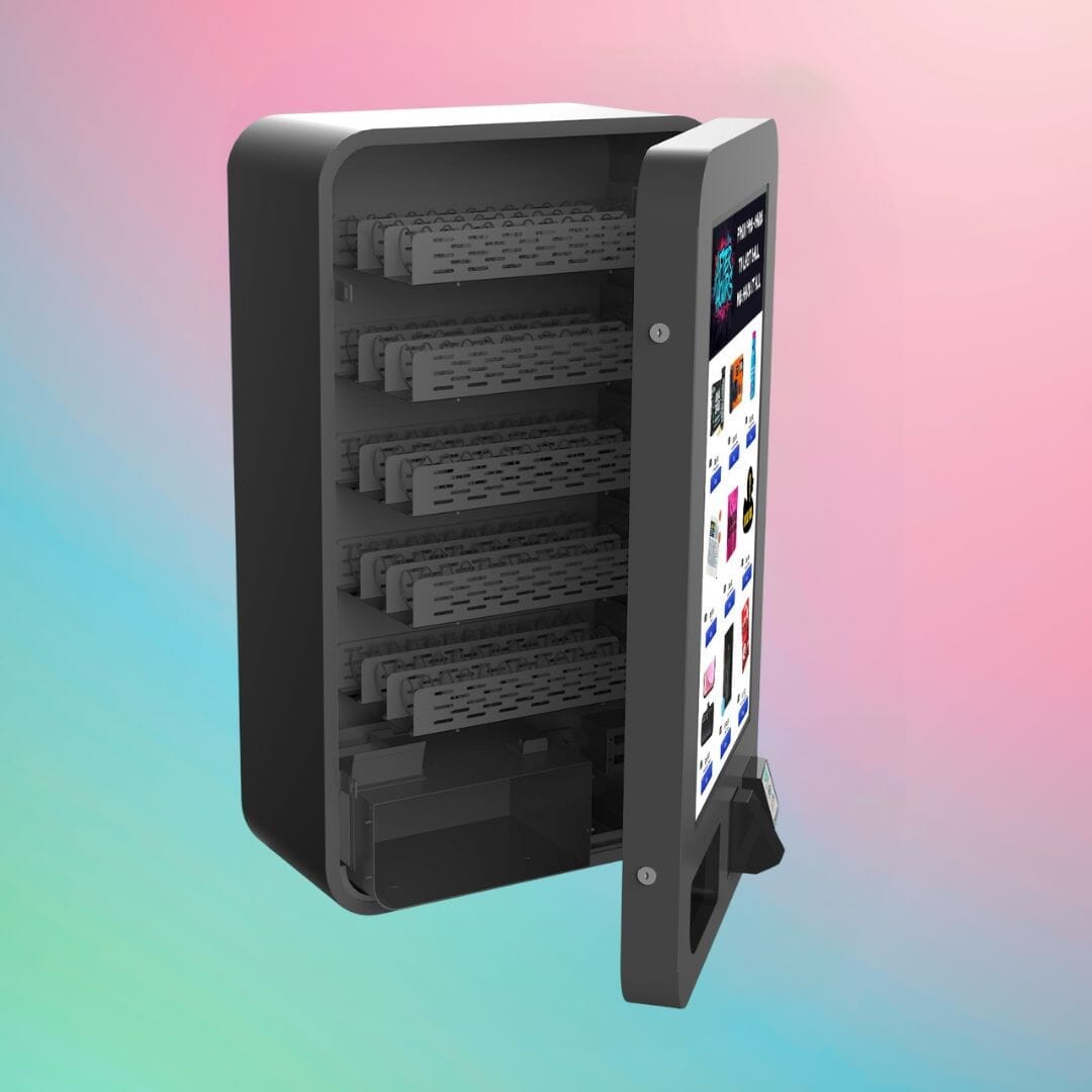 Inside view of the VapeTM Mega Wall high-capacity wall-mounted vape vending machine showing multiple product shelves and open front panel.