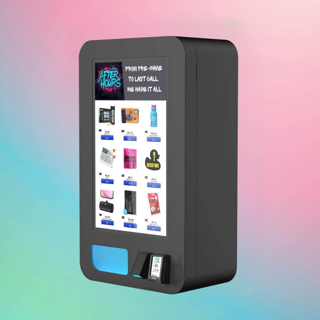 Left angled view of the VapeTM Mega Wall high-capacity wall-mounted vape vending machine with large touchscreen product menu.