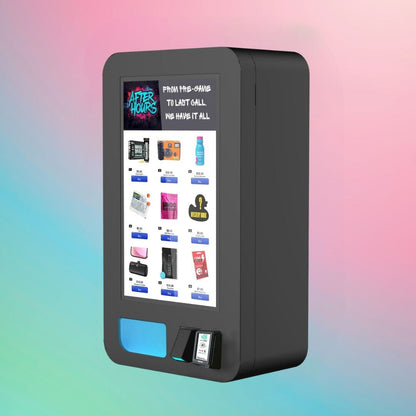 Left angled view of the VapeTM Mega Wall high-capacity wall-mounted vape vending machine with large touchscreen product menu.