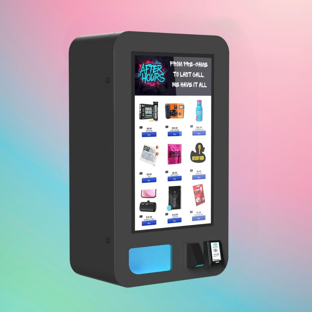 Right angled view of the VapeTM Mega Wall high-capacity wall-mounted vape vending machine with touchscreen display.