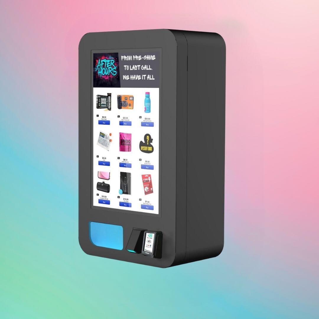 Angled view of the VapeTM Mega Wall high-capacity wall-mounted vape vending machine with displayed height, width, and depth measurements.