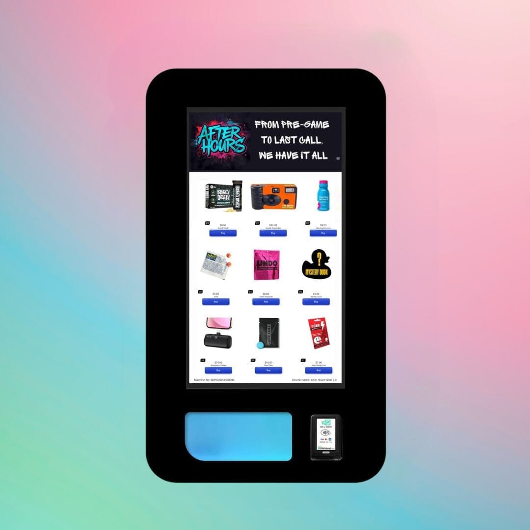 After Hours Mega Wall — front view of high-capacity wall-mounted vape vending machine with touchscreen menu displaying products and payment slot.