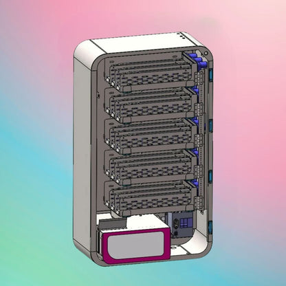 After Hours Mega Wall — angled 3D CAD view showing internal product shelves, dispensing system, and wiring layout inside the wall-mounted vape machine.