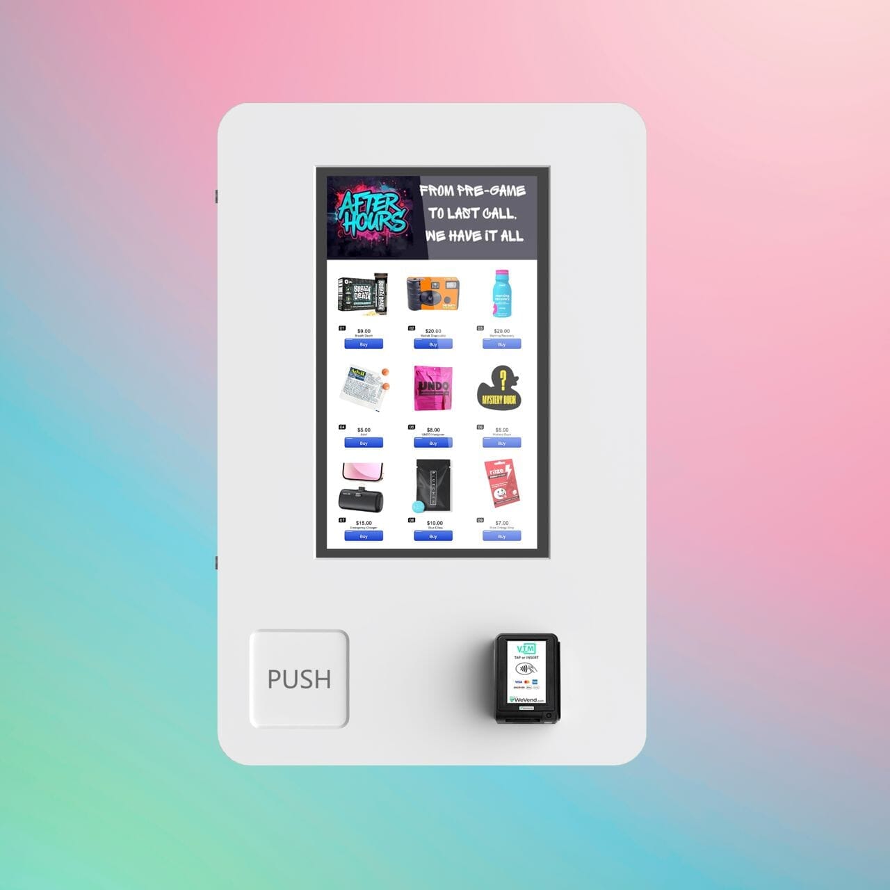 After Hours Mini Wall — front view of compact wall-mounted vape vending machine featuring touch display and push-to-dispense button.