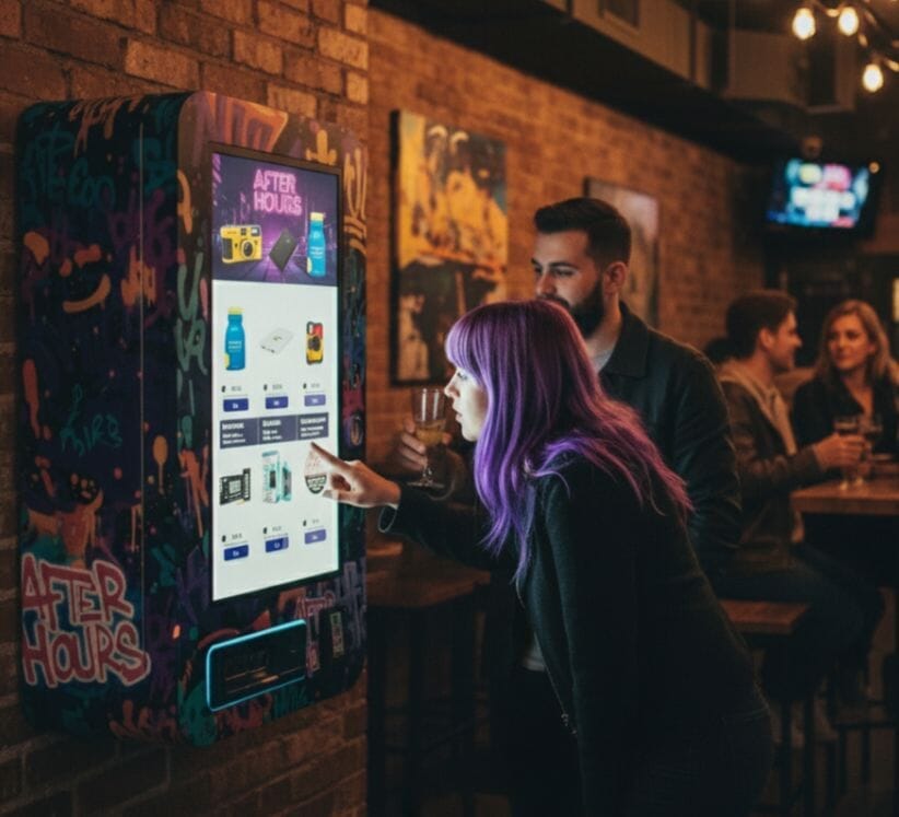 After Hours Slim Tower 2.0 vape vending machine with neon graffiti wrap in a nightlife bar setting, young woman with purple hair using touchscreen to purchase products while people socialize in the background.