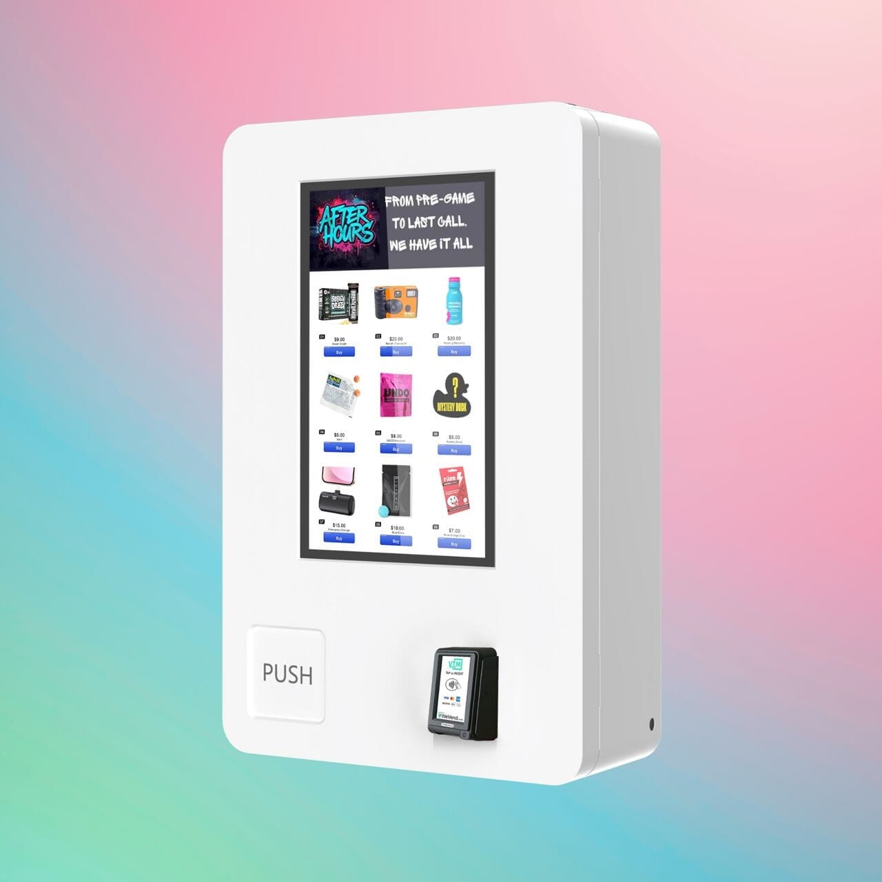 After Hours Mini Wall — compact wall-mounted vape vending machine with touchscreen menu and payment slot, angled left view.