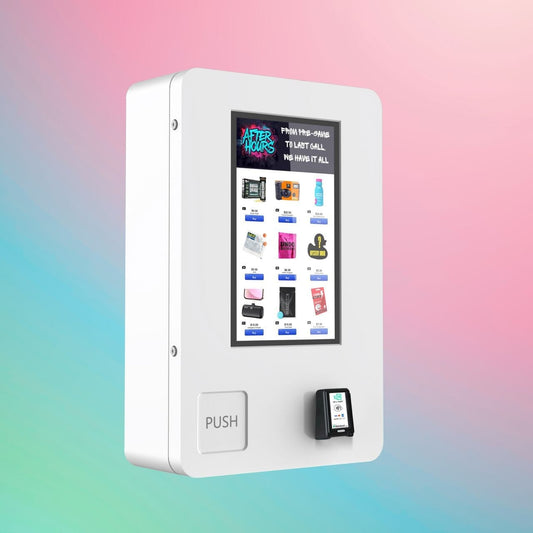 After Hours Mini Wall — sleek wall-mounted vape vending machine showing product menu and card payment reader, angled right view.